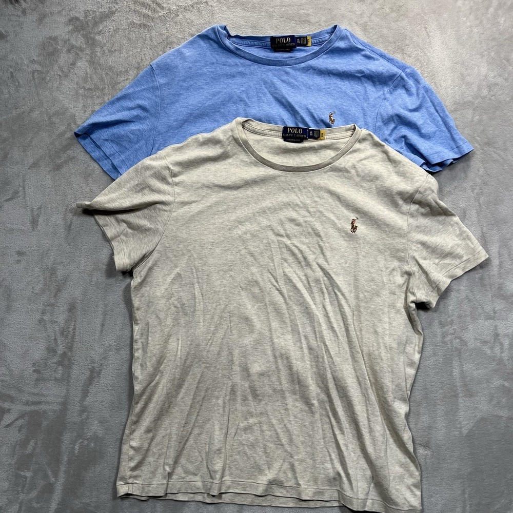 Polo Ralph Lauren Shirt Mens XL Lot Of 2 Beige Blue Custom Slim Fit Short Sleeve